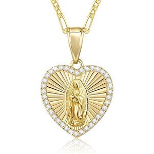 Catholic Virgin Mary Necklace 14K Gold Plated Guadalupe Pendant Womens Gift